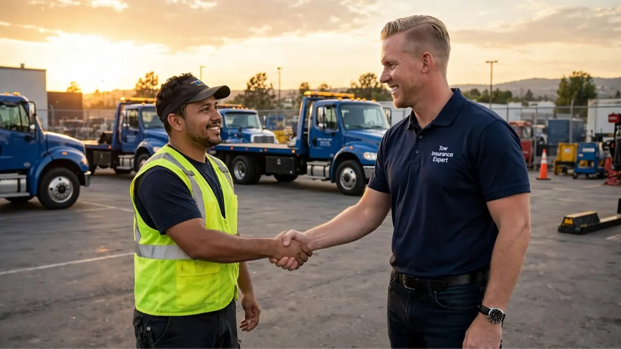Two men shaking hands in front of tow trucks at sunset